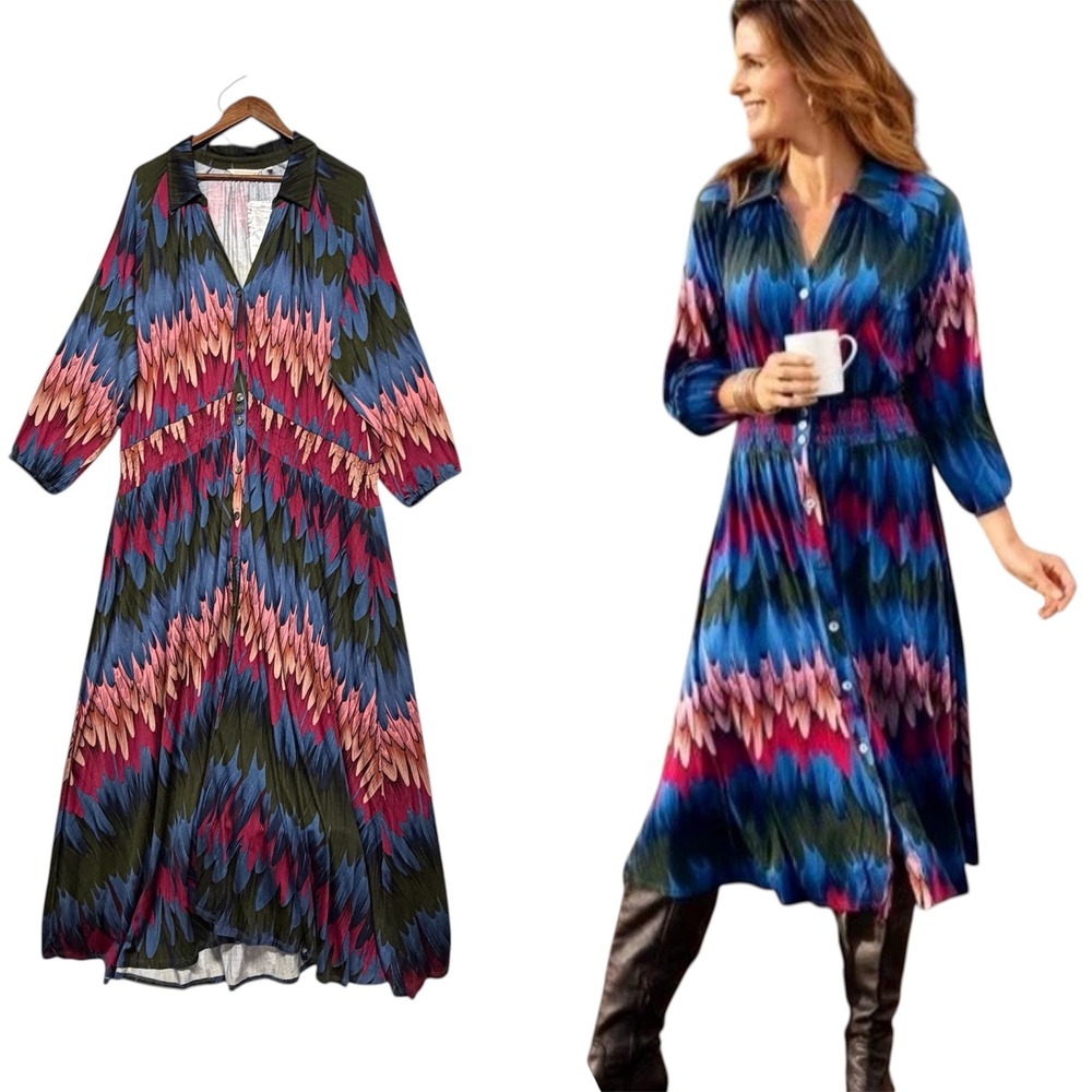 Soft Surroundings‎ Ancient Isle Midi Shirtdress Women 3X Multicolor Smocked NWD